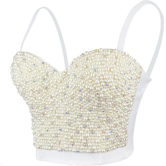 Women White Pearls Beaded Rhinestone Bustier Crop Top Push Up Corset - Picture 1 of 7